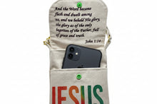 Load image into Gallery viewer, Canvas pouch with Bible Scripture John 1:14 and 'Jesus' printed on it against a white background