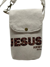 Load image into Gallery viewer, Beige crossbody bag with 'Jesus Army All Day' text on a white background