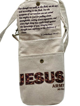 Load image into Gallery viewer, Beige cross-body bag with Bible scripture (2 Corinthians 10:3-5) printed on the inside flap and 'Jesus Army All Day' printed on the outer front, featuring a white background.