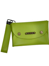 Load image into Gallery viewer, Green leather clutch bag with a strap on a white background