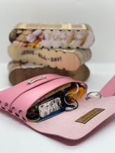 Load image into Gallery viewer, Pink leather wallet with keychain and cards on a white background