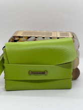 Load image into Gallery viewer, Green leather clutch bag with a gold clasp on a white background