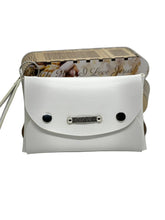 Load image into Gallery viewer, White clutch bag with black accents on a white background