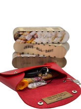 Load image into Gallery viewer, Red keychain pouch with keys and a small wallet, with Wooden Object saying Jesus-All-Day in the background.