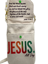 Load image into Gallery viewer, Beige bag with 'Jesus All Day' and a Bible verse (John 1:14) printed on it.
