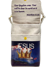 Load image into Gallery viewer, Canvas pouch with 'Jesus Thy Kingdom Come All Day' design and Bible verse (Matthew 6:10) on a white background

