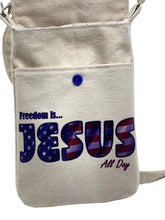 Load image into Gallery viewer, Canvas bag with 'Freedom is... Jesus All Day' text on a white background
