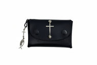 Black leather wallet with a cross charm on a white background