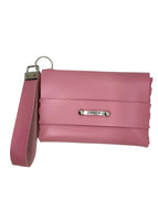 Pink clutch bag with a strap on a white background