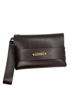 Brown leather clutch bag with gold clasp on a white background