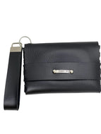 Black leather wallet with strap on a white background