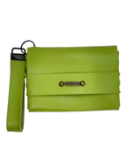 Green wallet with strap on a white background