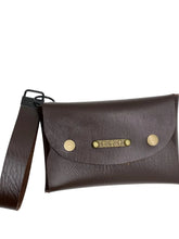 Load image into Gallery viewer, Brown leather clutch with gold accents on a white background
